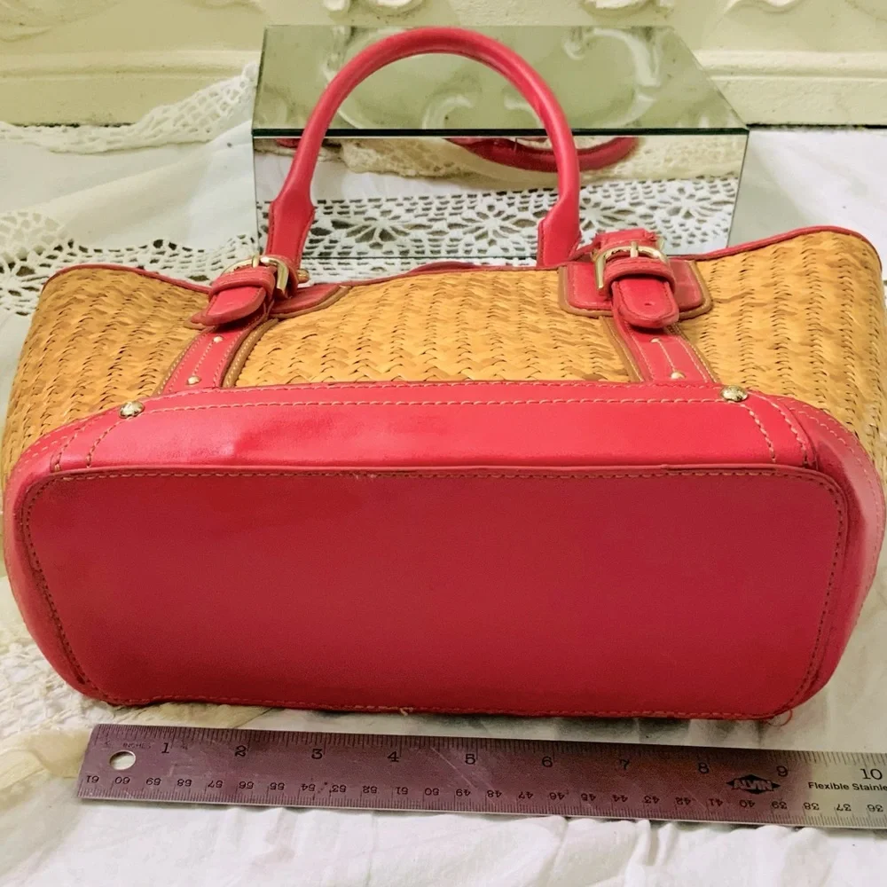 VINTAGE Etienne Aigner Rattan Straw Shoulder Bag Magenta Trim Tote - Picture 6 of 12